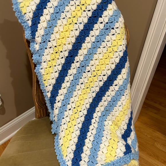 Crotched Afghan Blanket - Blue, Yellow and White Blanket ,Throw, Afghan - - Picture 2 of 14